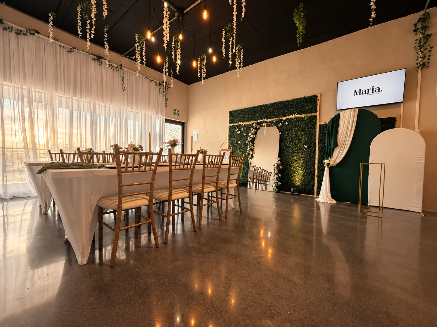 Vista del salón María con mesas montadas, sillas doradas e iluminación cálida